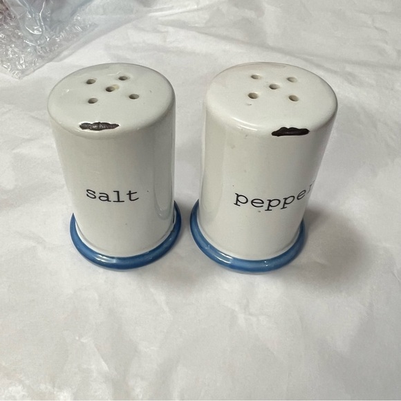 Vintage Look Ceramic Salt & Pepper Shakers White with Black Lettering & Blue Rim - Picture 1 of 7